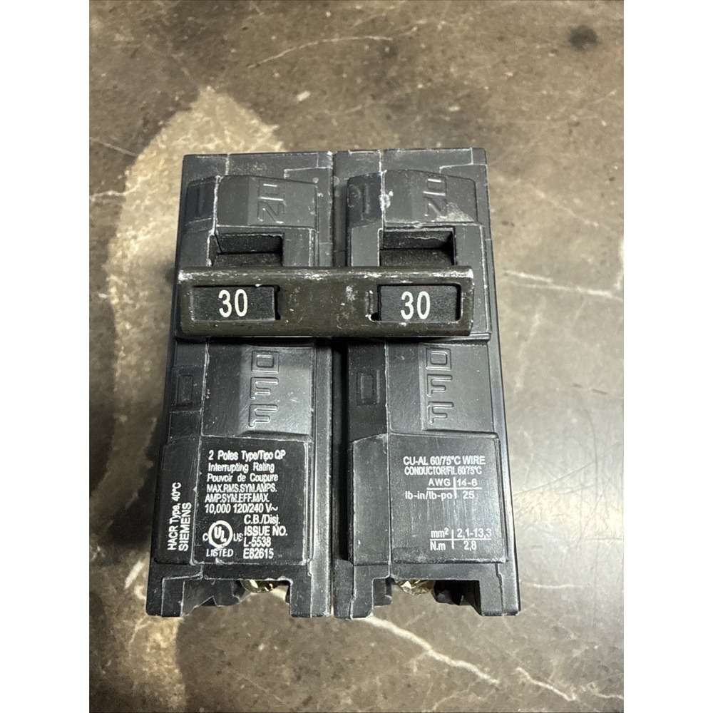 Siemens Q230 Circuit Breaker 2 Pole 30A Black Type QP 120/240V 10kA Interrupting